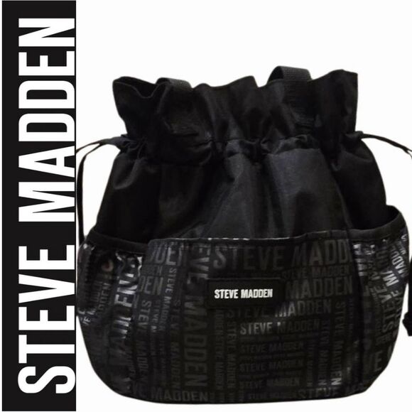 Steve Madden Handbags - Steve Madden Repeat Logo Drawstring Insulated Lunch Tote Bag- Black